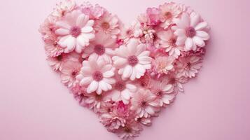 AI generated Heart shape made of pink flowers against pastel pink background photo