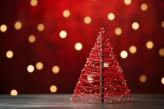 AI generated Red Christmas tree made up with paper clip and wire bokeh blurred background copy space photo