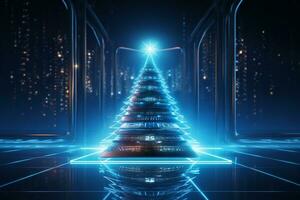 AI generated Blue Christmas tree concept made of light trail technology concept photo