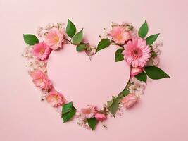 AI generated Garden Romance Paper Heart, Pink Blooms, and Pastel Background Top View photo