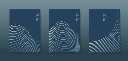 Japanese landscape background set cards white line wave pattern vector illustration. Blue luxury Abstract template geometric wavy texture. Mountain layout design in oriental style, vertical brochure