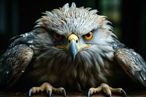 AI generated Aggressive eagle head closeup photo ready for hunting generative AI