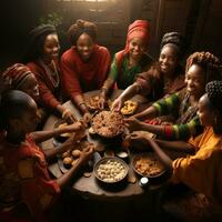 ai generado empoderado comida africano mujer unión terminado mesa de deleite generativo ai foto