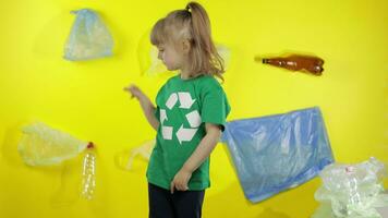 Girl activist holding poster Love Your Mother Earth. Plastic nature pollution video
