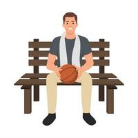 Mature heavyset basketball player sitting on bench with towel around his neck. vector