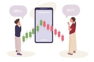 Traders buy and sell shares using mobile phone app. Purchase and sale of shares. Passive income from investment.  Financial analysis. Candlestick graph.  Brokers trading strategy. vector