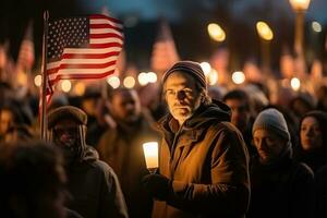 ai generado un hombre con un nosotros bandera en un multitud de personas en el noche. generativo ai foto