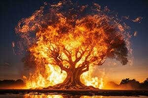 AI generated A large tree in the flames of fire. Generated by artificial intelligence photo