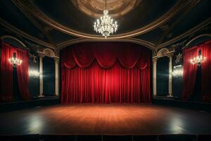 ai generado vacío etapa con rojo teatro cortina. concepto para actuación, espectáculo, concierto, teatro. generativo ai foto