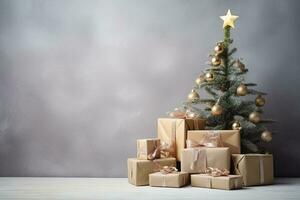 AI generated decorated Christmas tree with gift boxes on white background photo