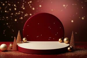 AI generated merry Christmas 3d rendered red Podium display for event photo