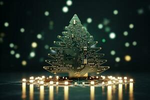 AI generated Christmas tree made with circuit board technology concept photo