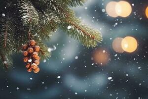 AI generated Snowflakes settling on pine branches under soft winter moonlight photo