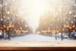 AI generated wooden deck looking out to a snowy landscape against a bokeh lights background photo