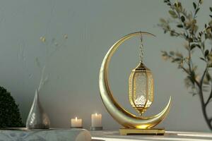 AI generated 3d rendered Ornamental Arabic lantern glowing invitation for Muslim holy month Ramadan Kareem photo