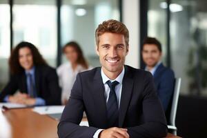AI generated confident businessman with colleagues in background photo