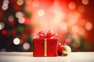 AI generated Christmas gift box on bokeh background photo