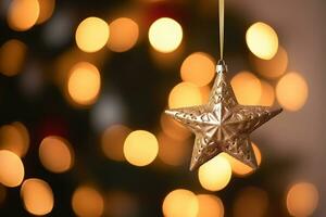 ai generado estrella balbucea colgando en el Navidad árbol bokeh antecedentes foto