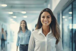 AI generated Portrait of successful and happy businesswoman, office worker smiling and looking at camera, working inside modern office. photo