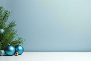 AI generated christmas holidays composition of fir tree branches with baubles and copy space photo