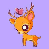 Cute deer is standing playing with butterfly vector