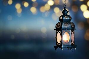 AI generated An illuminated Arabic colorful hanging Ramadan lantern photo