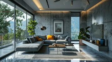 AI generated living room interior design with sofa minimal aesthetic 3d rendered photo