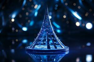 AI generated Abstract Blue shinny Christmas tree with bokeh background technology concept photo