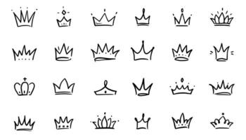 Doodle crown hand drawn set. Doodle princess crown, queen tiara. Line sketch royal element. Queen, king hand drawn simple design element. Isolated vector