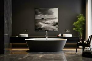 AI generated 3d rendered Minimal style black theme Modern bathroom interior design with bathtub photo