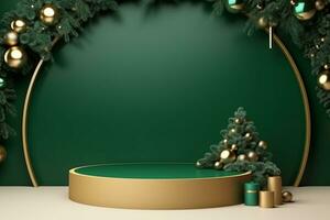 AI generated 3d rendered green Podium display for merry Christmas event photo
