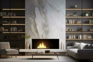 AI generated 3d rendered Minimal style Modern living room interior design with sofa and fireplace photo