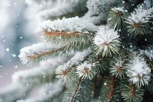 AI generated Snowflakes settling on pine branches under soft winter moonlight photo