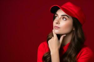 ai generado maravilloso modelo con sombrero en contra rojo fondo pensando concepto foto