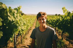 ai generado agricultura es mi vida retrato de un alegre joven granjero posando en el campos en su granja foto