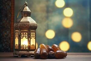 AI generated Ornamental Arabic lantern glowing for Muslim holy month Ramadan Kareem photo