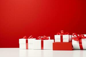 AI generated white gift boxes with silk ribbon bows and golden confetti on isolated red background photo
