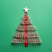 AI generated Red Christmas tree made up with paper clip and wire bokeh blurred background copy space photo