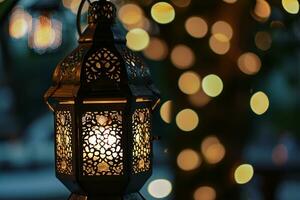 AI generated Ornamental Arabic lanterns. Glittering golden bokeh lights on the table photo