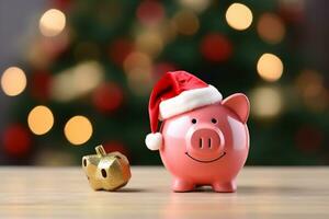 ai generado cerdito banco con Papa Noel sombrero para Navidad gasto presupuesto y dinero administración foto