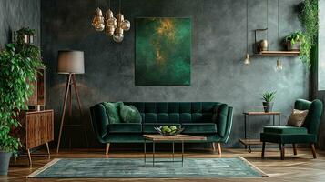 AI generated living room interior design with sofa minimal aesthetic light green velvet 3d rendered photo