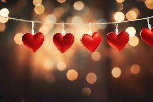 AI generated Valentine day love beautiful hearts hanging on branch of tree photo