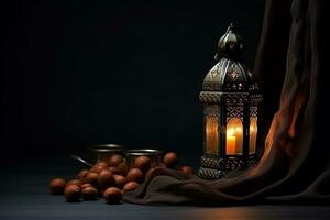 AI generated Ornamental Arabic lantern glowing on table for Muslim holy month Ramadan Kareem photo