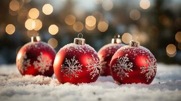 AI generated Selective focus of red and white christmas bulbs in the snow with bokeh lights on the background photo