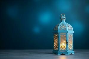 AI generated Arabic lantern glowing on blue background holy month Ramadan Kareem photo