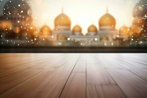 AI generated Empty beautiful wood table top counter and blur bokeh mosque in background photo