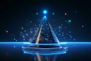 AI generated Blue Christmas tree concept made of light trail technology concept photo