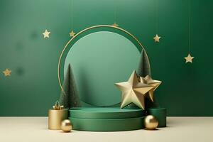AI generated merry Christmas 3d rendered green Podium display for event photo