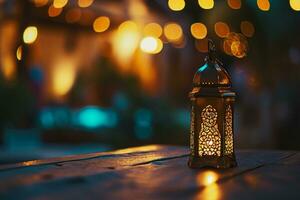 AI generated Ornamental Arabic lanterns. Glittering golden bokeh lights on the table photo