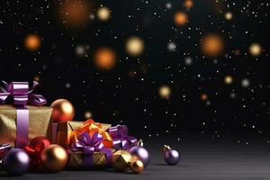 AI generated Christmas gift boxes with shiny lights background Copy space photo